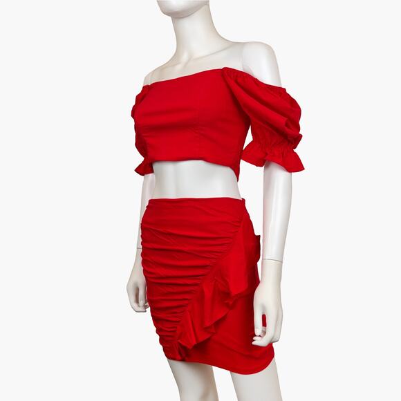 NWT VICI "Jet Set" Smocked Crop Top & Ruffle Mini Skirt (Cherry | Size S) - Picture 2 of 11